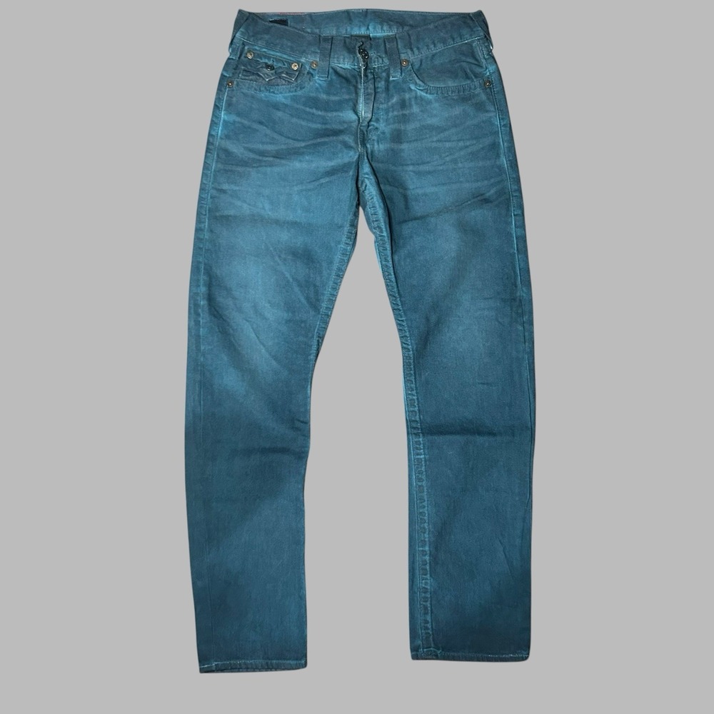 True Religion Men's 34x32 Ricky Blue Overdye Wash Straight Fit Jeans Heavy